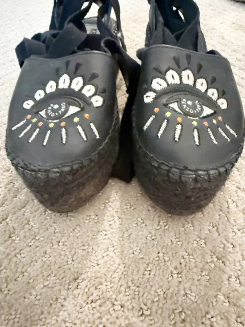 Kenzo Maya Leather Platform Espadrille Sandals Black 8 Tribal Evil Eye
